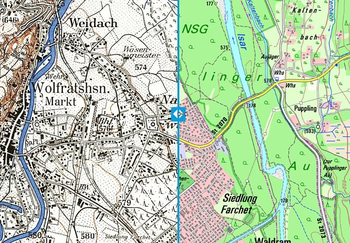 Vergleich der Stadtentwicklung zwischen historischer und aktueller Karte 