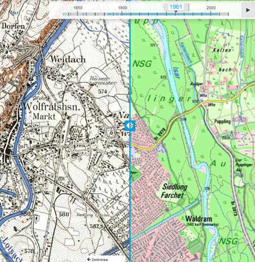 Vergleich der Stadtentwicklung zwischen historischer und aktueller Karte 