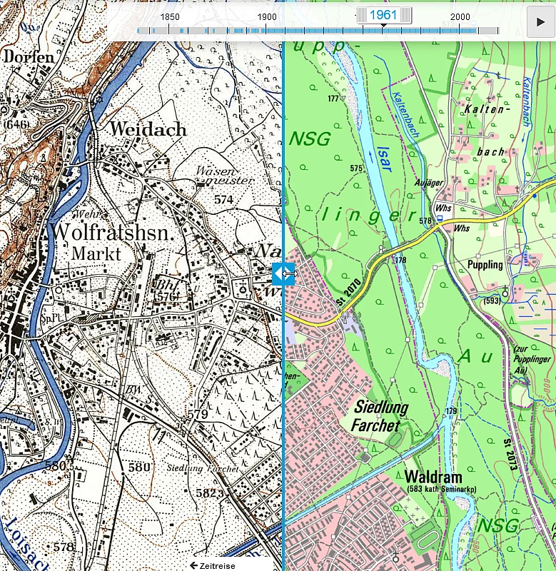 Vergleich der Stadtentwicklung zwischen historischer und aktueller Karte 