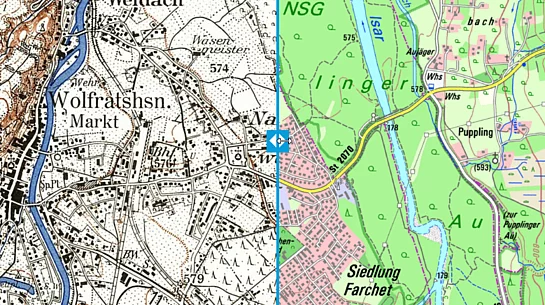 Vergleich der Stadtentwicklung zwischen historischer und aktueller Karte 