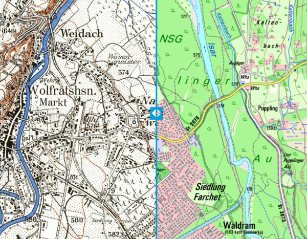 Vergleich der Stadtentwicklung zwischen historischer und aktueller Karte 